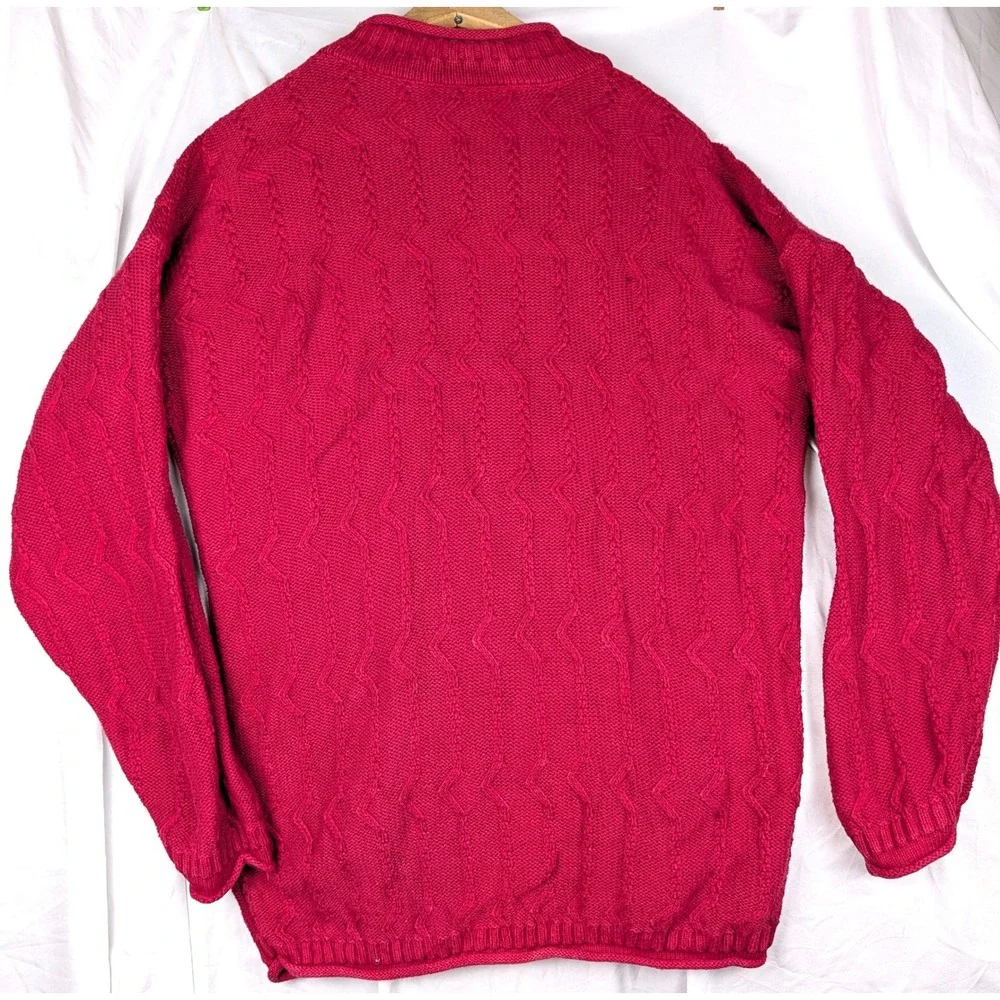 Vintage Cranberry Red Chevron Knit Crew Neck Sweater Cotton USA Rolled Edge hems